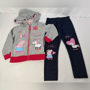 Peppa Pig Unicorn Hoodie & Pants Outfit Set Girls Size 5 Pink Gray Jacket Top